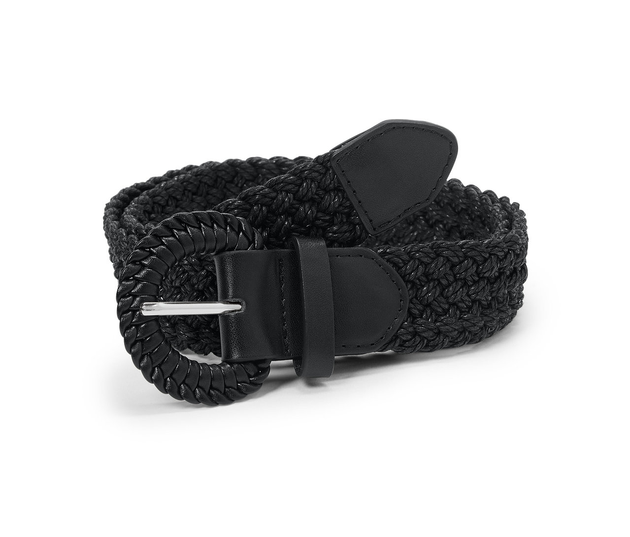 Fekete fonott, háncs hatású öv csattal.