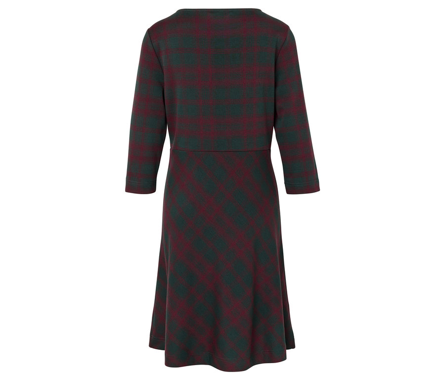 Hátulnézet egy háromnegyedes ujjú, zöld és bordó csíkos ruháról.