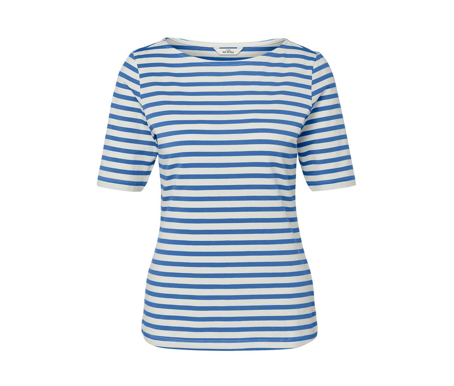 Kék csíkos, félhosszú ujjú felső.