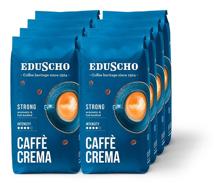 Nyolc kék Eduscho Caffè Crema Strong - 8 x 1 kg szemes, pörkölt kávé csomag egymás mögé rakva.
