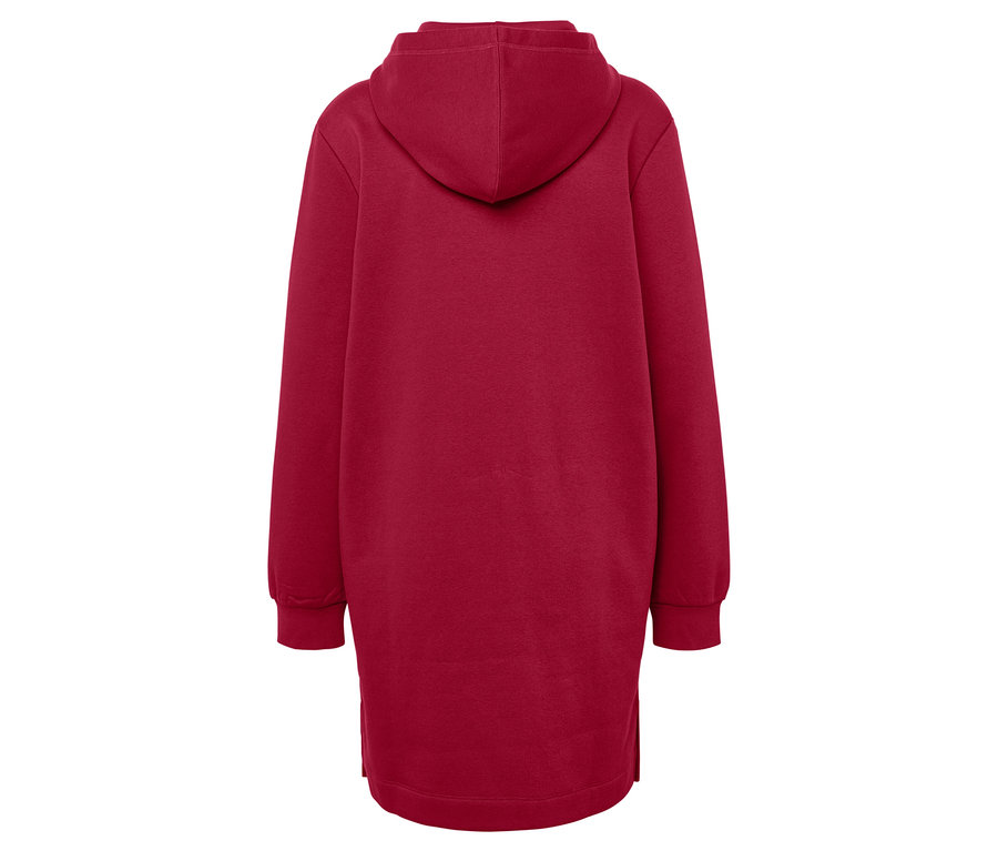 Hátulnézet egy hosszú, bordó kapucnis pulóverről.