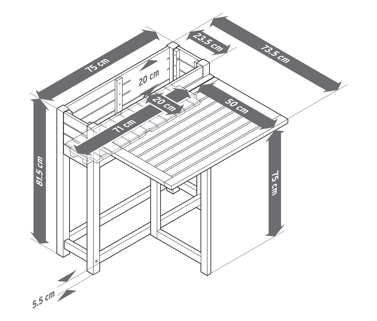 Részletes sematikus rajz egy kerti asztalról, növénytartó feltéttel és centiméterben megadott méretekkel.
