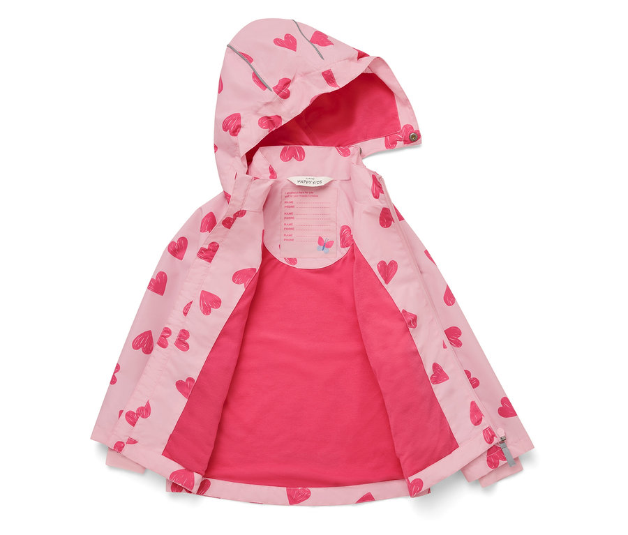 Nyitott, világos rózsaszín, kapucnis gyerekdzseki, piros szívekkel borítva.