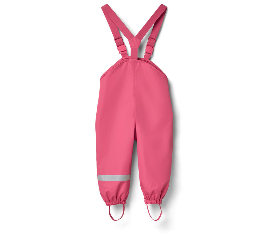 Rózsaszín esőnadrág kantárral és fényvisszaverő csíkokkal.