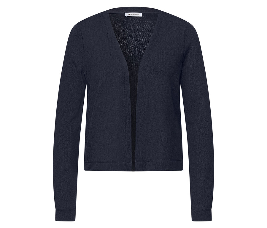 A sötétkék Street One kardigán közelképe, fehér háttér előtt bemutatva.