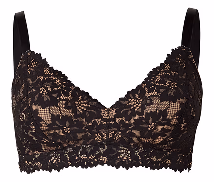 Fekete csipke bralette testszínű béléssel, virágmintával és hullámos szegéllyel, fehér háttér előtt.