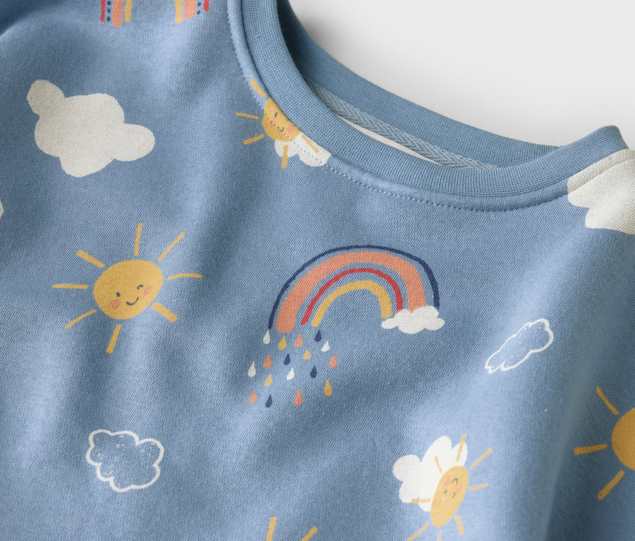 Egy világoskék pulóver közeli képe, nap-, felhő- és szivárványmintával.