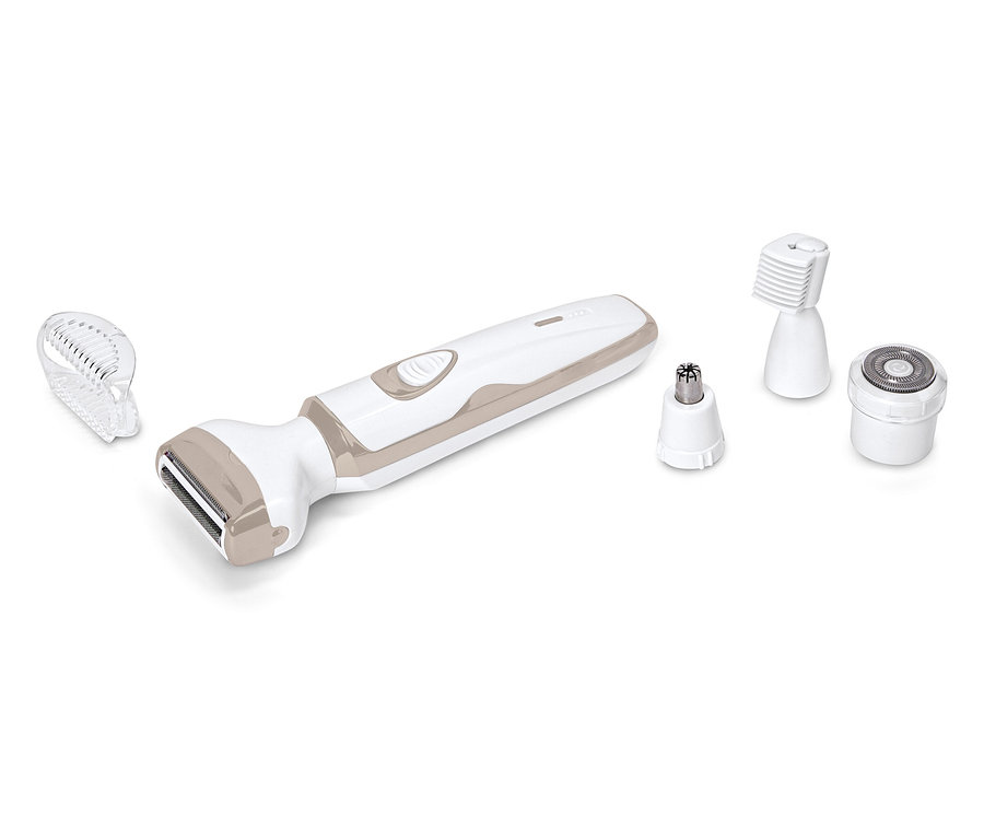 Egy fehér és bézs szőrtelenítő különböző fejekkel egy fehér háttéren.