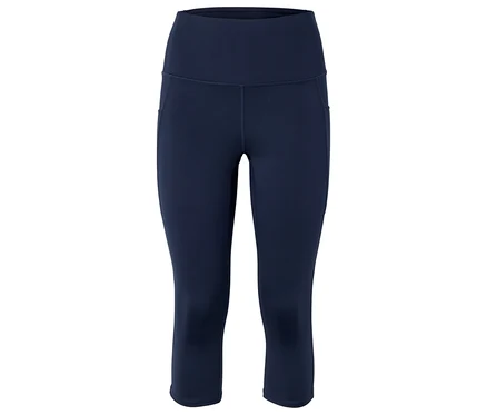 Sötétkék, magas derekú, oldalzsebes capri leggings.