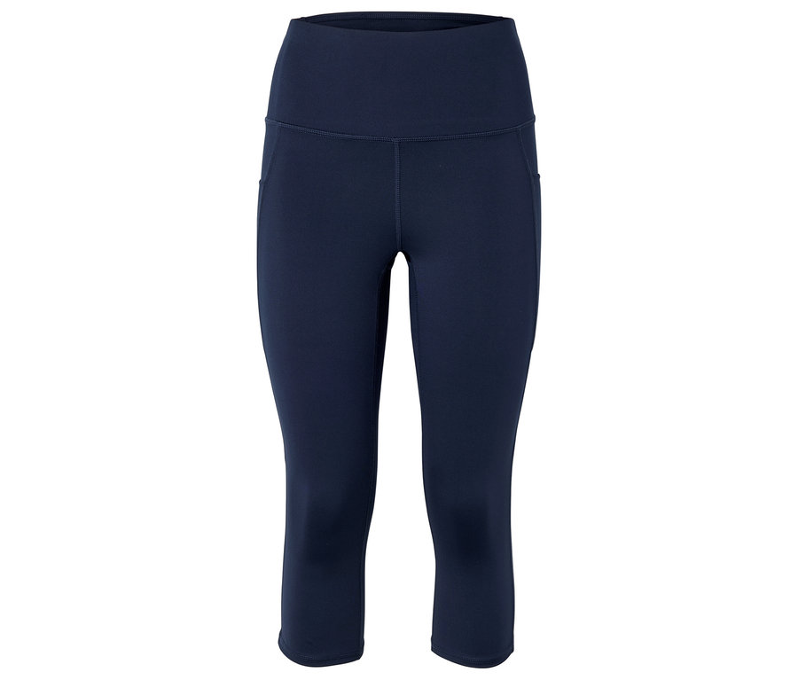 Sötétkék, magas derekú, oldalzsebes capri leggings.