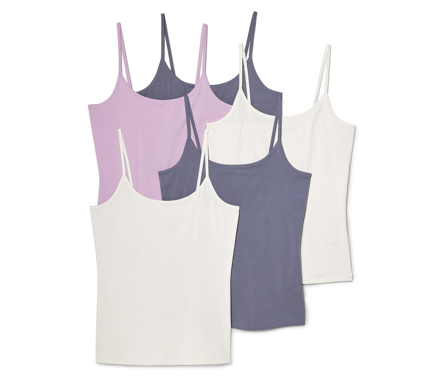 Öt spagettipántos felső fehér, lila és szürkéskék színben egymáson.
