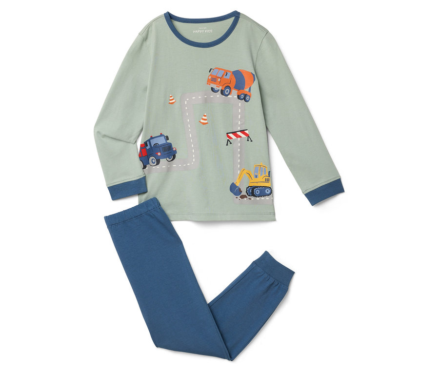 Egy mentazöld pizsama kék mandzsettákkal, építőipari járművek és egy útpálya nyomtatásával.