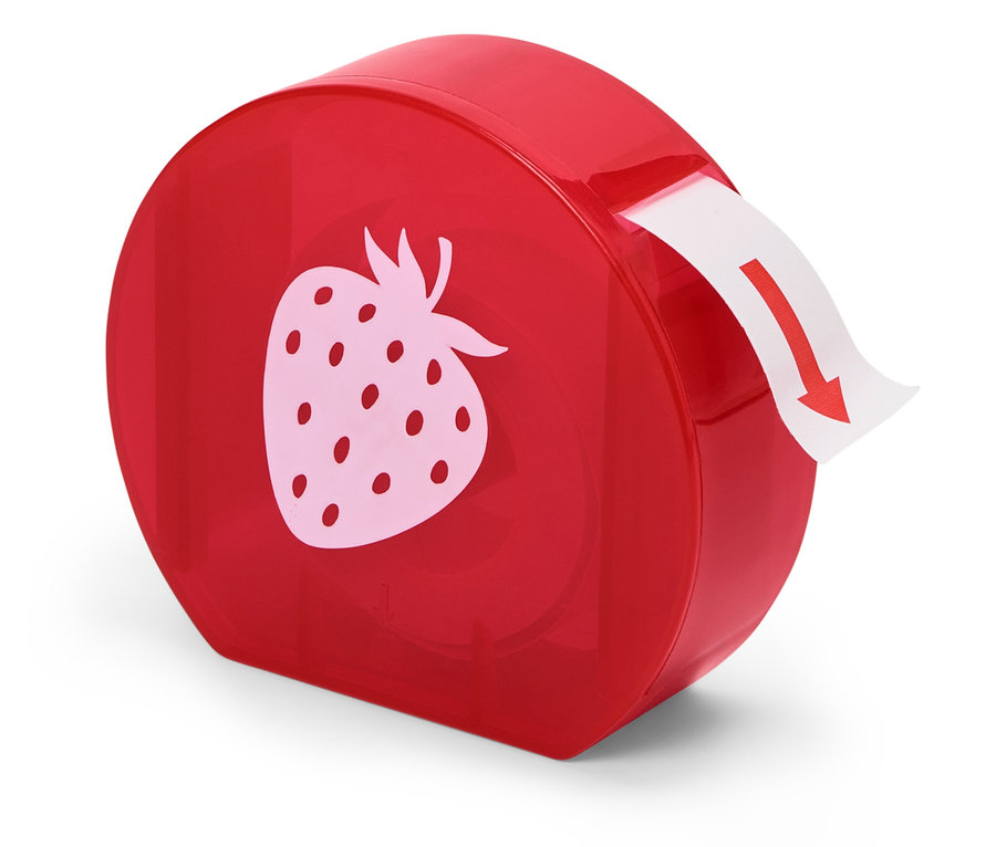 Piros adagoló eper mintával és kihúzott címkével.