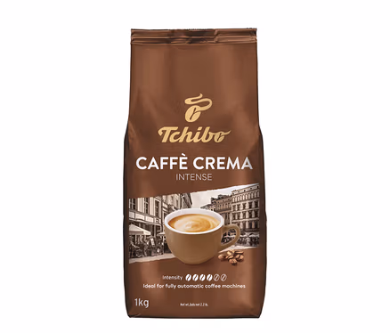 Barna Tchibo Caffè Crema Intense kávébab csomag kávéscsésze illusztrációval.