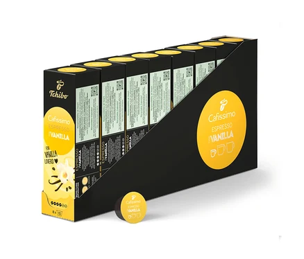Egy fekete tartóban több csomag Cafissimo Flavoured Espresso – Vanilla – 80 db kávékapszula.