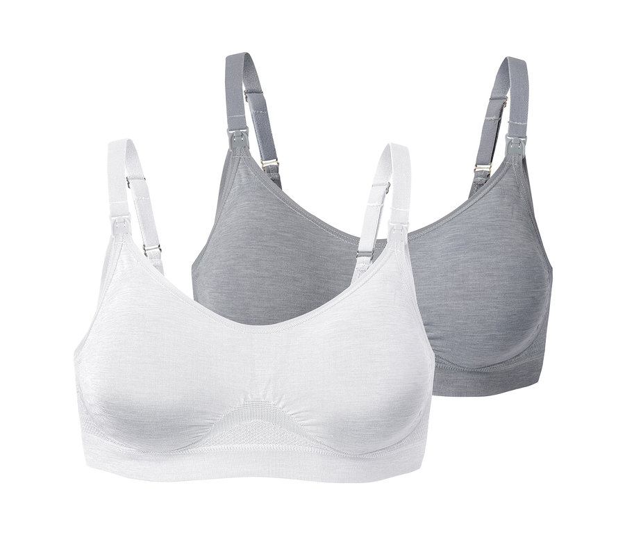 Két női seamless szoptatós melltartó szettben, egy fehér és egy szürke, fehér pántokkal.
