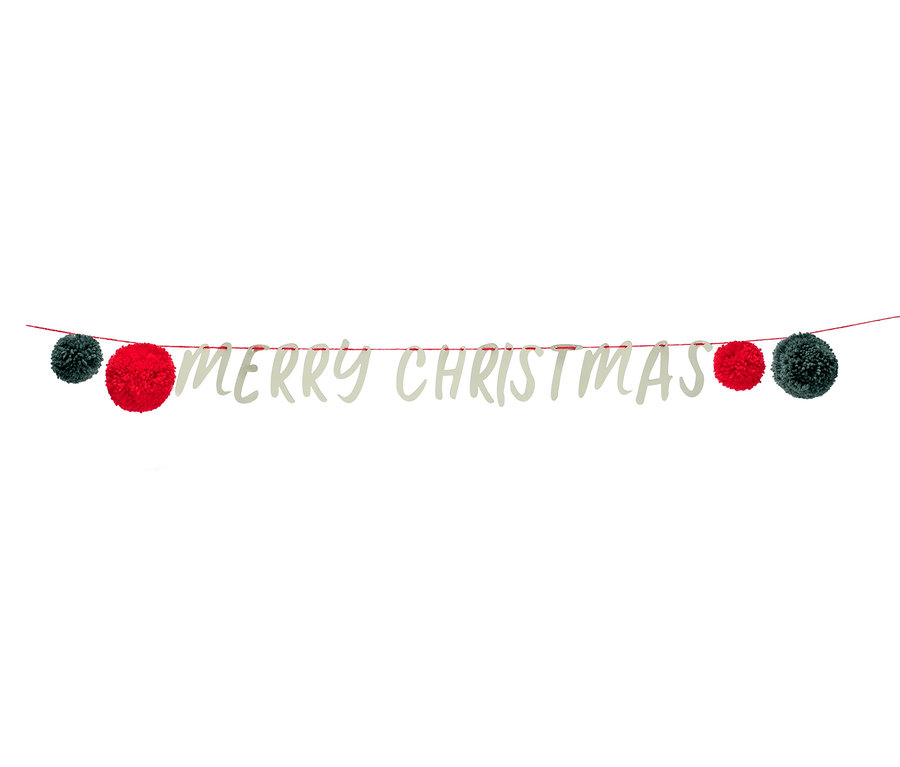 MERRY CHRISTMAS girlandkészítő készlet, piros és fekete pomponokkal.