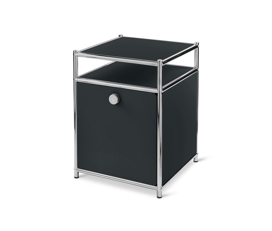 Fekete, fém, görgős tároló, 1 ajtóval.