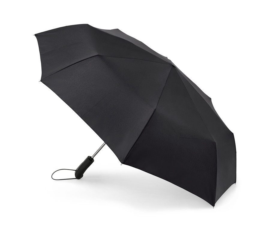 Egy fekete, automata táskaesernyő kinyitva.