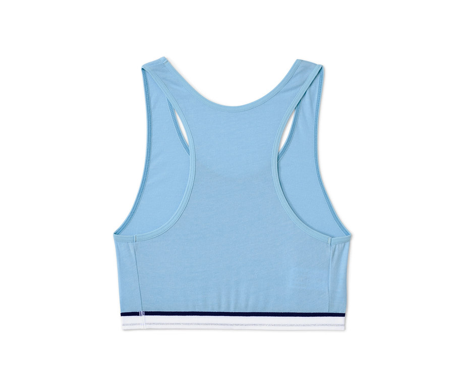 A hátulról látható világoskék 2 lány bustier melltartó szettben.
