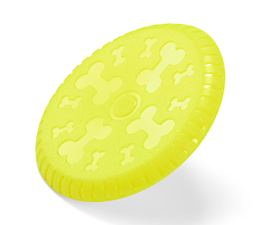 Sárga kutyafrizbi csont mintával.