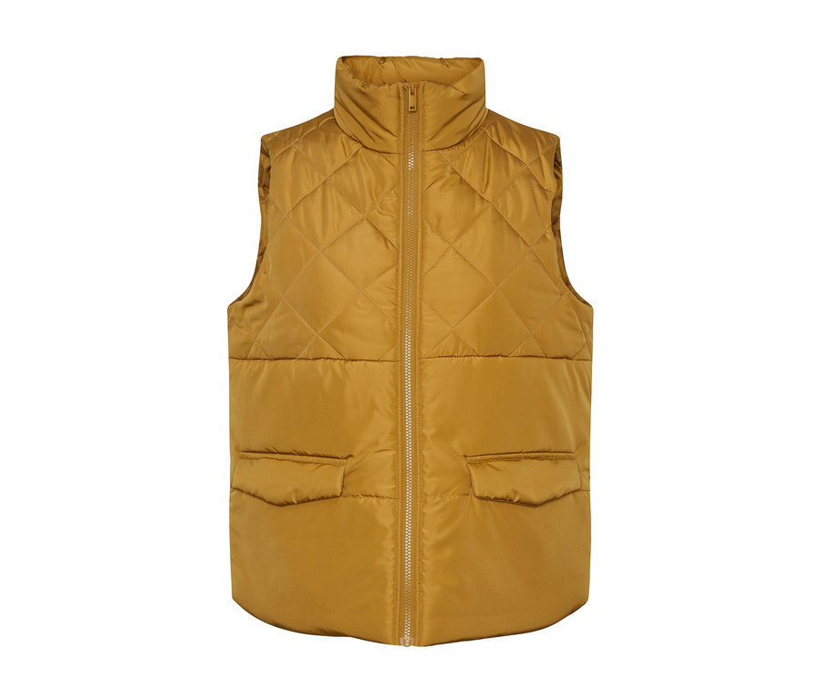 Sárga, steppelt mellény elöl cipzárral és zsebekkel.