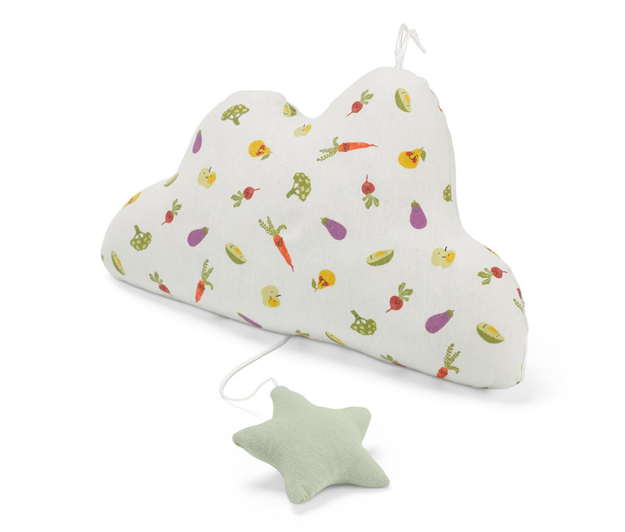 Zenélő babajáték, felhő alakú, zöldséges mintával.