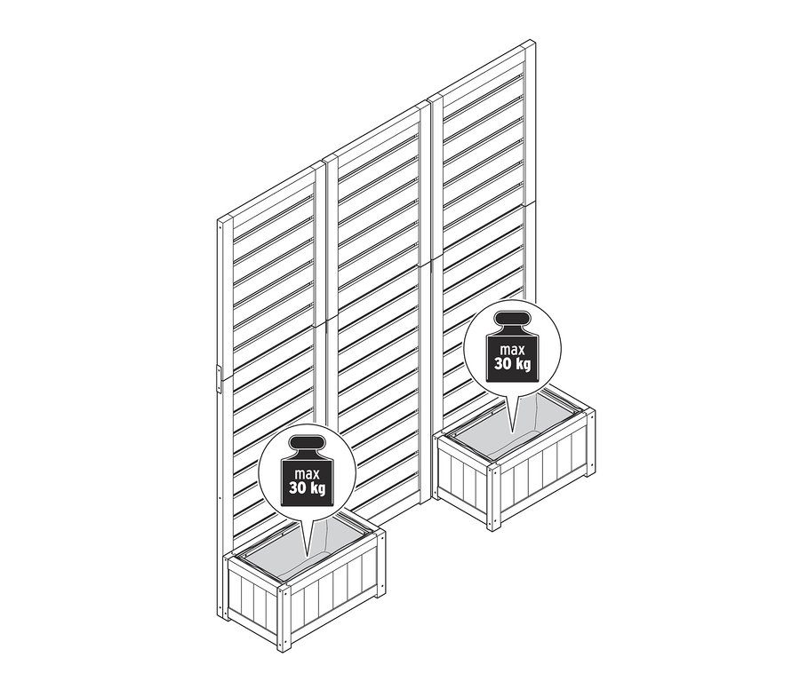 Két darab »Tinus« belátásgátló virágládával illusztrációja, a maximális 30 kg-os terhelhetőségre vonatkozó információkkal.
