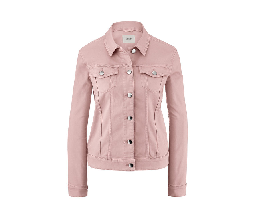 Rózsaszín farmerdzseki gombokkal.