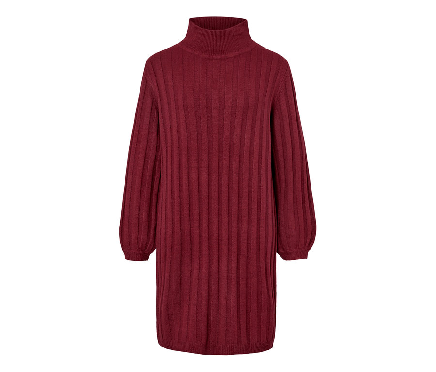 Bordó, kötött, bordázott női ruha.