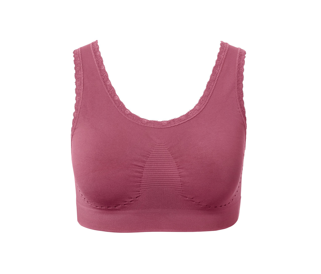 Málna színű, varrás nélküli, csipkés szegélyű női bustier melltartó részlete.