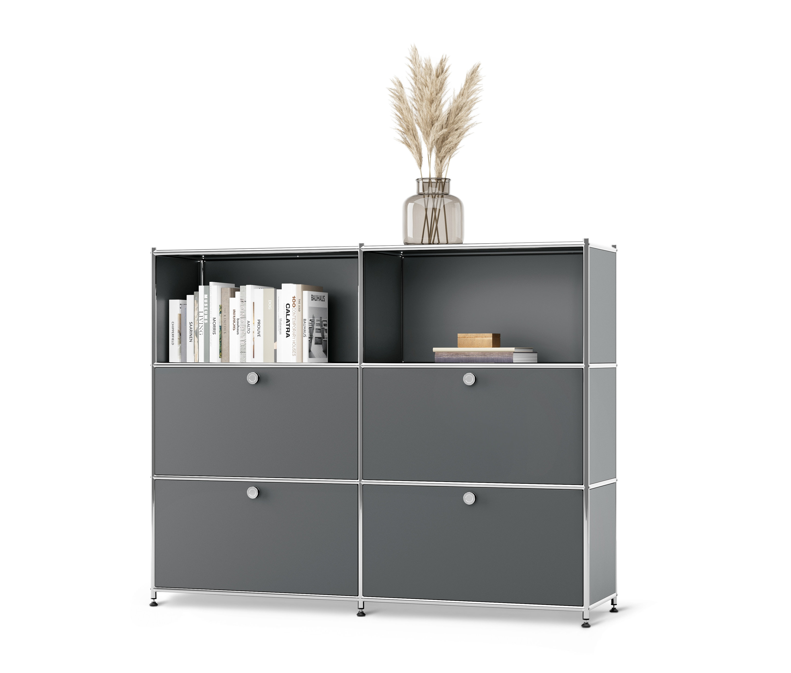 Szürke fém »CN3« komód, áthelyezhető lenyíló ajtókkal.