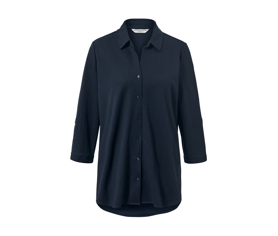 Sötétkék piké jersey blúz gallérral és háromnegyedes ujjakkal.