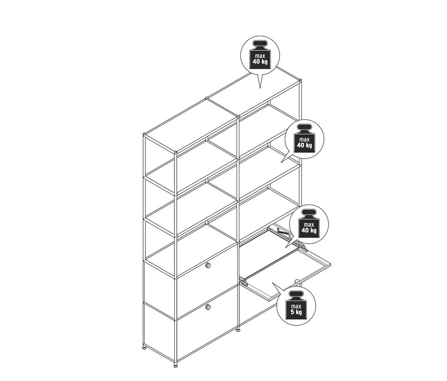 Egy vázlat egy magas fémpolcról »CN3« 4 lenyíló ajtós rekesszel. Két rekesz zárva van, kettő pedig nyitva.