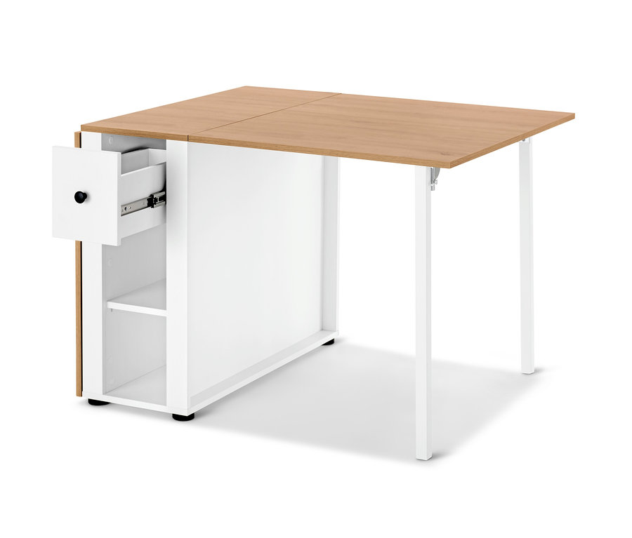 Négyzet alakú asztal fiókkal és tárolóval, az asztallap fa, a többi része fehér.
