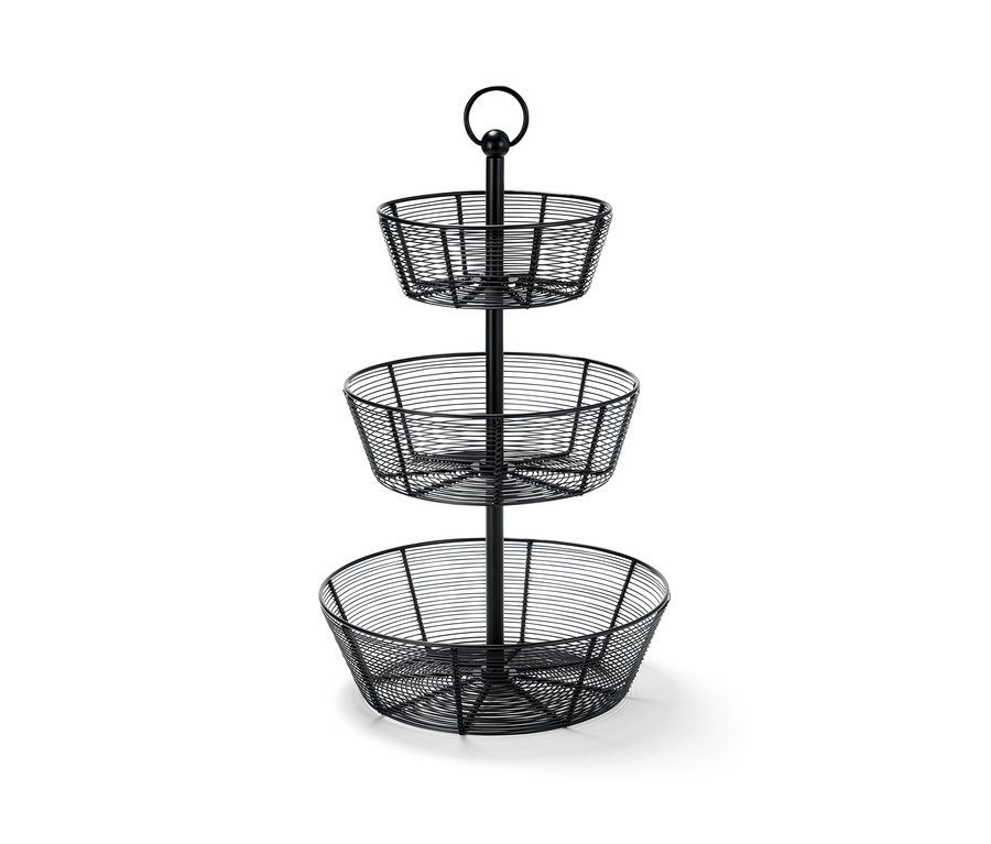 Fekete fém emeletes kínáló három kosárral.