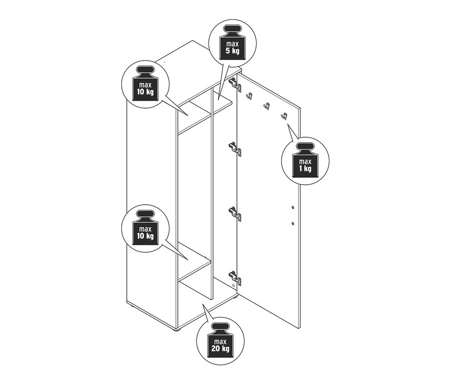Egy univerzális szekrény rajza nyitott ajtóval és a polcok súlykorlátozásával.