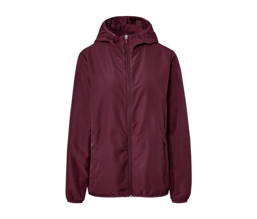 Szilvaszínű, könnyű funkcionális dzseki »pack me« cipzárral és kapucnival.