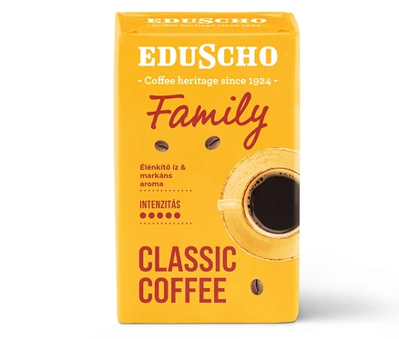 Sárga csomagolású Eduscho Family 250g őrölt kávé.