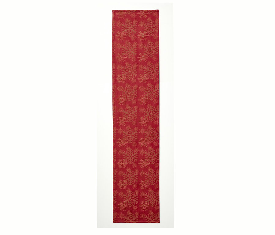 Piros, hópehely mintás Jacquard asztali futó.