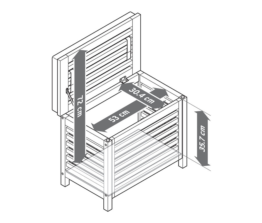 Ábra egy fa ülőpad tárolóval, méretjelölésekkel.