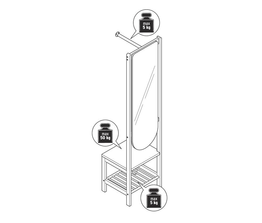 Vázlat egy tükrös, nyitott ruhaállványról, fali rögzítéssel, bambuszból.