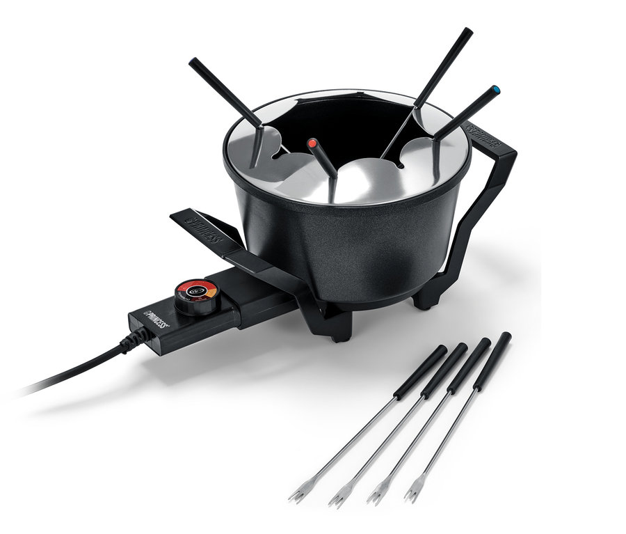 Fekete fondükészlet ezüst villákkal.