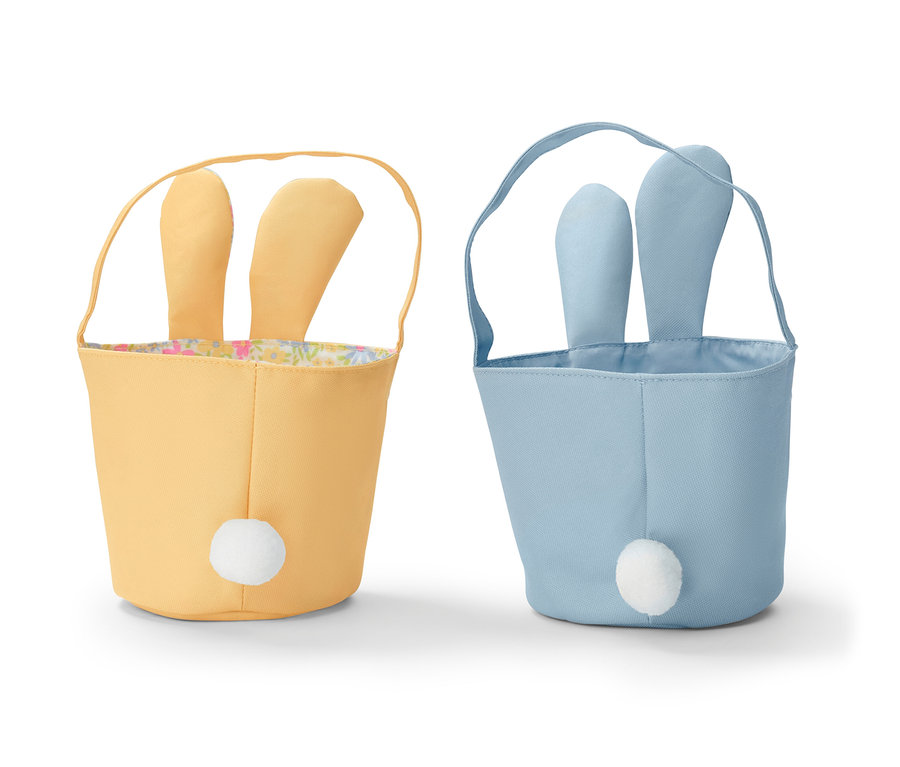 Két húsvéti tojás gyűjtőtáska, egy sárga virágos béléssel és egy kék.