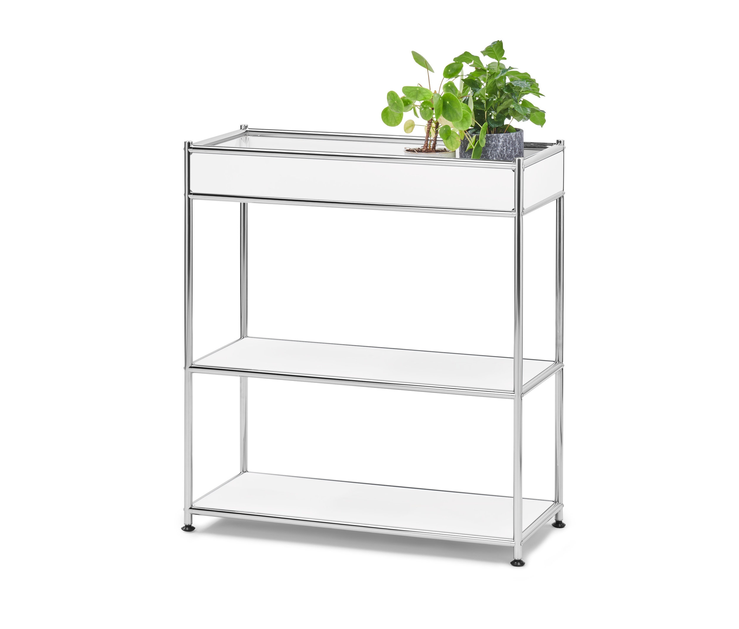 Fehér fém konzolasztal »CN3« tárolófelülettel és egy cserepes növény.