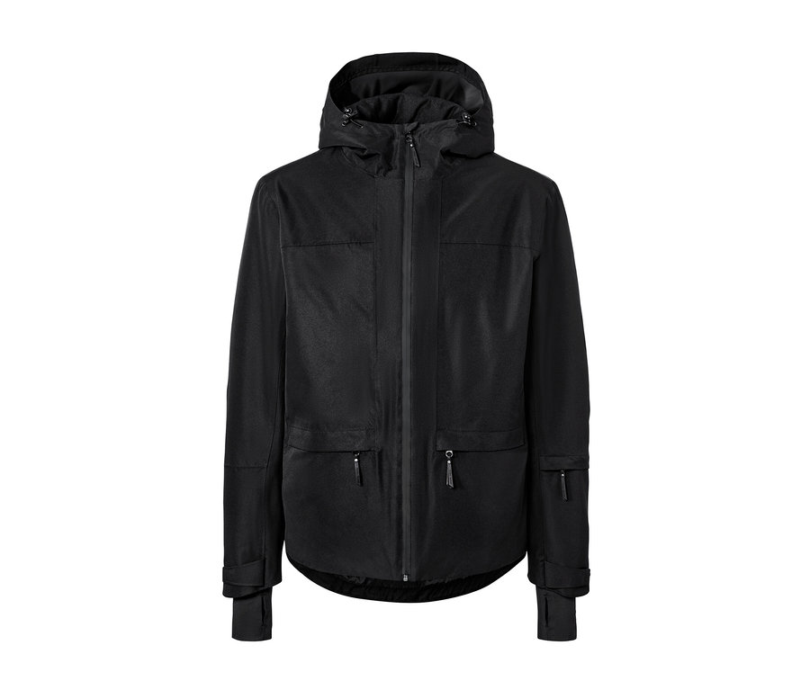 Fekete síkabát kapucnival, cipzáras zsebekkel és hosszú ujjal.