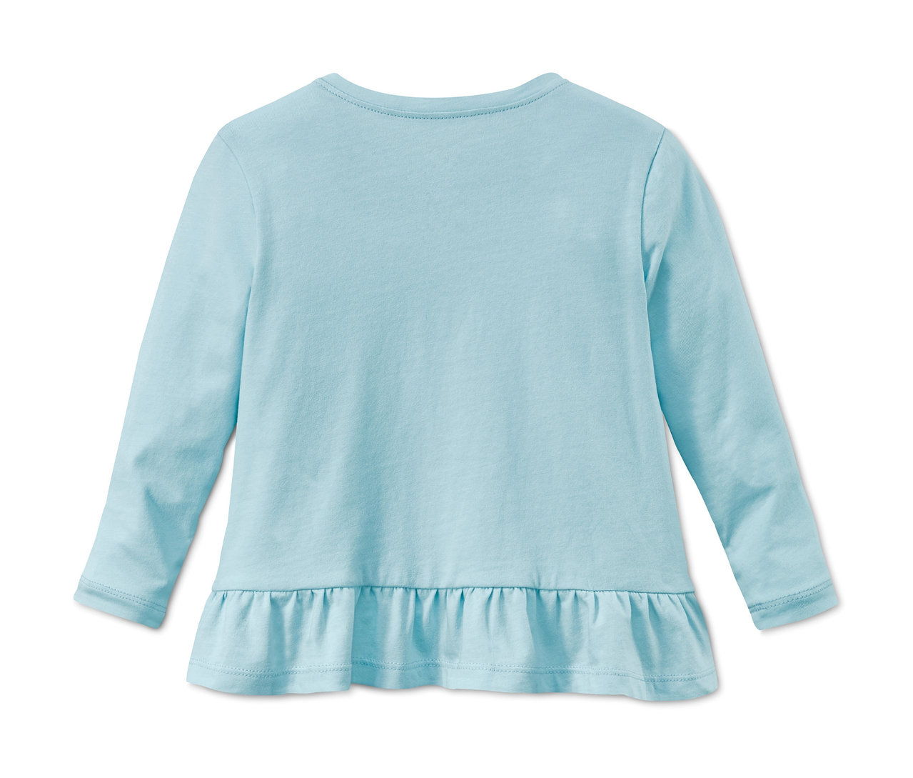 Egy világoskék, hosszú ujjú, bio pamut póló fodros szegéllyel.