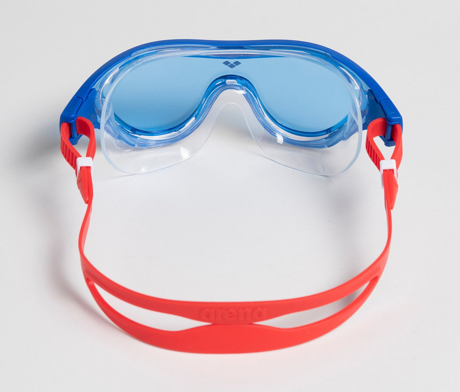 Kék arena Junior The One Mask úszószemüveg gyerekeknek, fehér háttérrel.