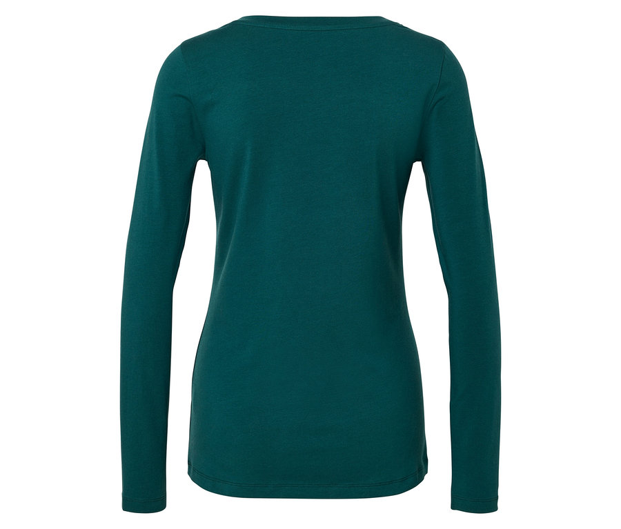 Sötétzöld, hosszú ujjú póló hátulról.