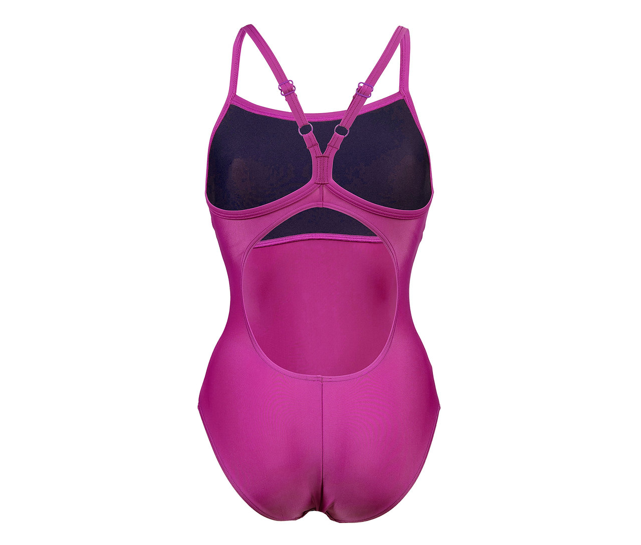 Közelkép a hátulról a lila-bordó arena Feel Solid Lightdrop Back Bustier női fürdőruháról.